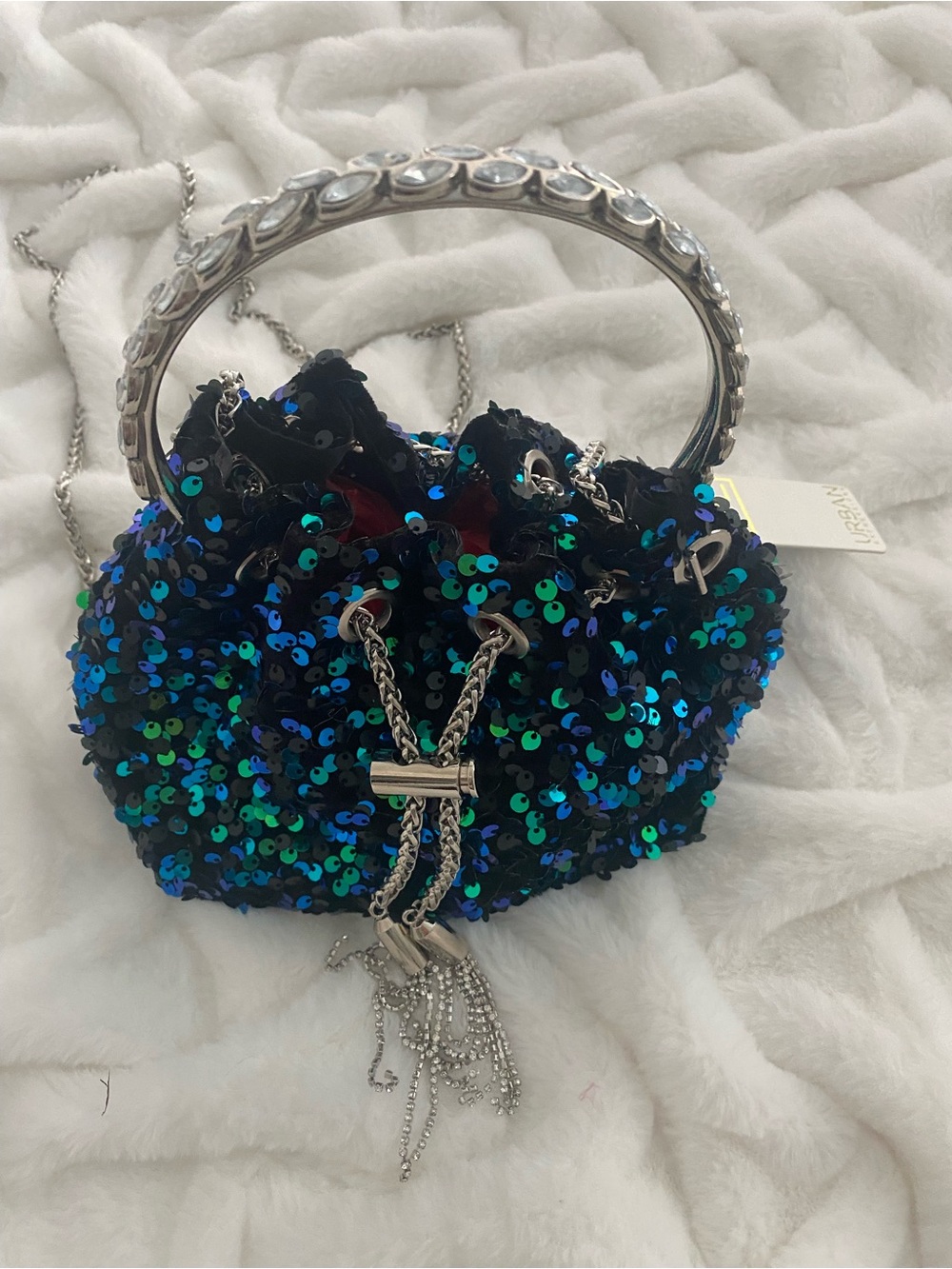 GREEN SEQUIN BAG for Special Occasions / Holidays. Faux Jeweled Handle.🦚